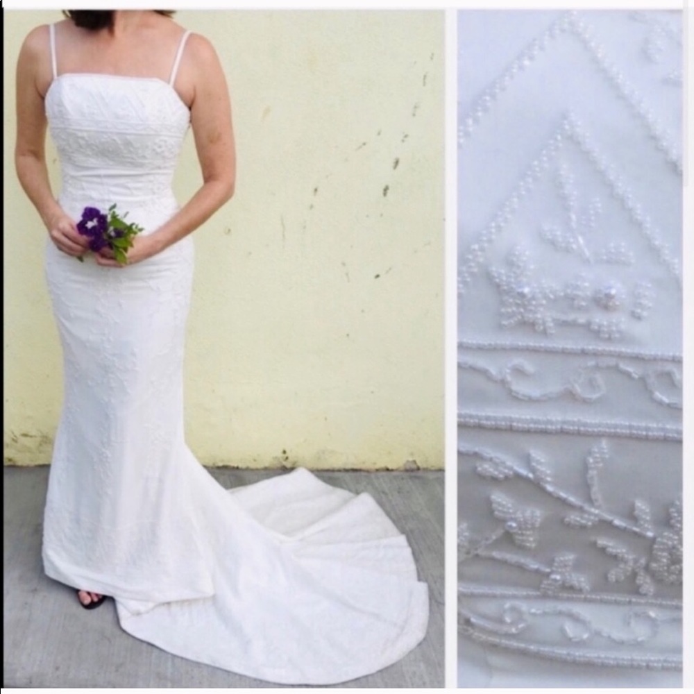 White WEDDING DRESS beaded bridal gown hourglass mermaid long bodycon Victorian